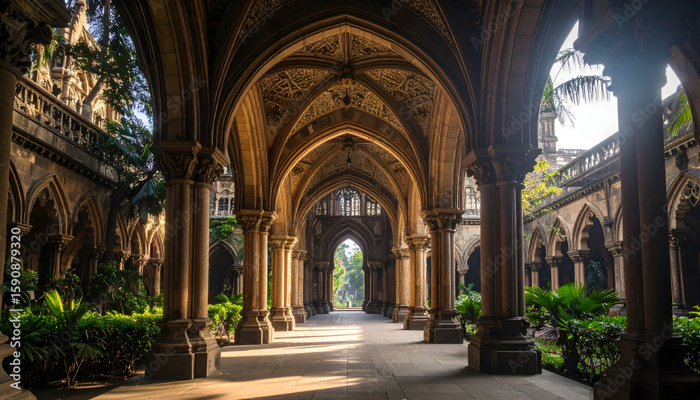 Naklejka premium Ornate Stone Hallway with Vaulted Ceiling and Sunlight
