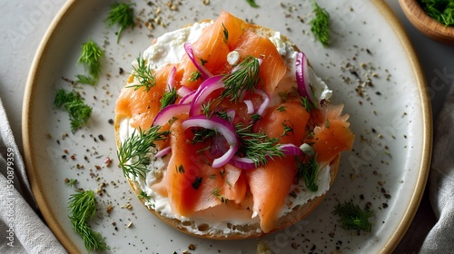 Top View of Smoked Salmon and Cream Cheese Bagel with Dill. Concept of savory breakfast meal.

