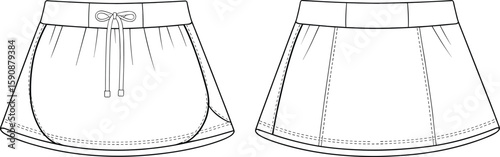 Vector technical flat sketch of women's athletic mini skirt with drawstring waistband, front and back view, sporty casual apparel