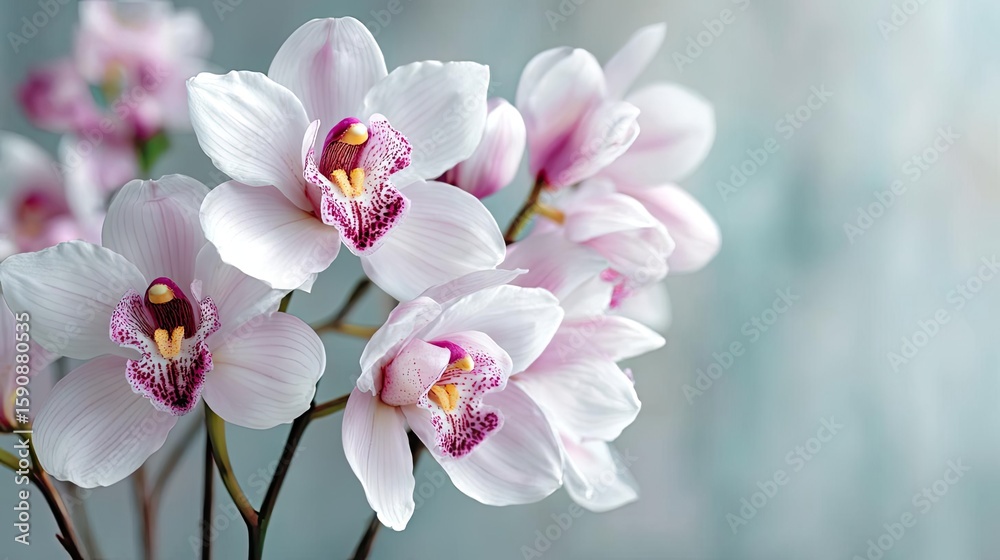 Obraz premium Orchid mood for floral echo concept. Beautiful pink orchids in soft natural light, symbolizing elegance.