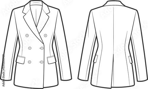 Vector flat sketch of women’s double breasted blazer, front and back view, fashion design technical drawing with flap pockets