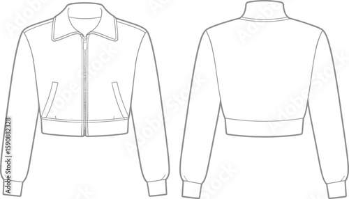 Vector fashion sketch of cropped zip-up jacket with pockets, cuffed sleeves and collar, front and back flat technical drawing