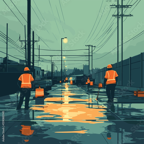 The strong scent of wet concrete fills the air as the workers expertly spread and level the mixture under the glare of floodlights.. Vector illustration, vector style simple color
