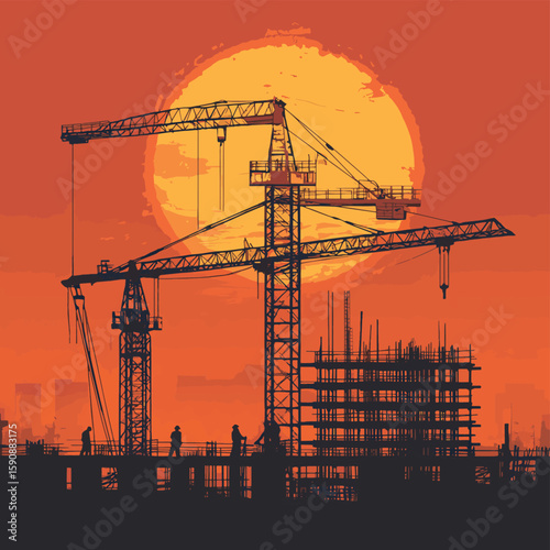 The sun setting behind the silhouettes of cranes and construction workers a symbol of the perseverance and dedication required to complete such a
