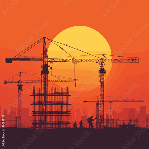 The sun setting behind the silhouettes of cranes and construction workers a symbol of the perseverance and dedication required to complete such a