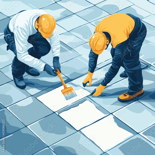 One worker carefully smoothing out grout between tiles while another ensures consistent spacing.. Vector illustration, vector style simple color