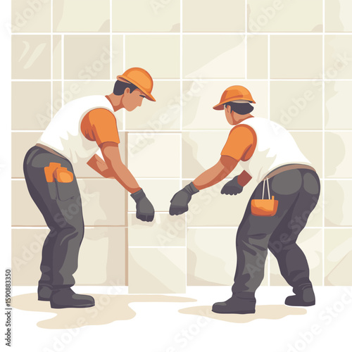 One worker carefully smoothing out grout between tiles while another ensures consistent spacing.. Vector illustration, vector style simple color