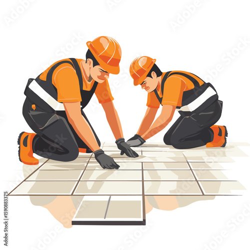 One worker carefully smoothing out grout between tiles while another ensures consistent spacing.. Vector illustration, vector style simple color