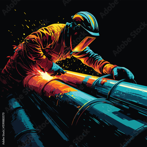 The bright arcs of light from the welding torch create a mesmerizing display as the worker carefully joins two metal pipes.. Vector illustration, vector style simple color