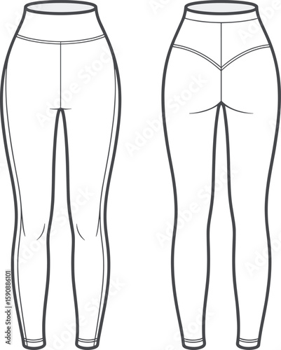 Technical flat sketch of women's high waist leggings front and back, workout fashion vector template for activewear design presentation