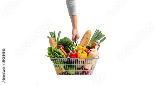 Abundant grocery basket filled with fresh produce and artisanal bread held by a hand.