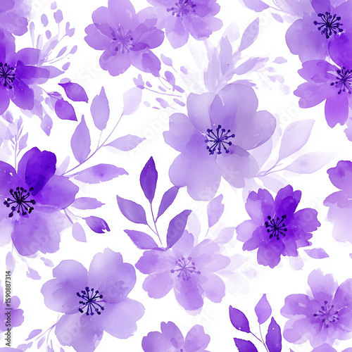 Purple watercolor flowers seamless pattern creating a delicate floral background