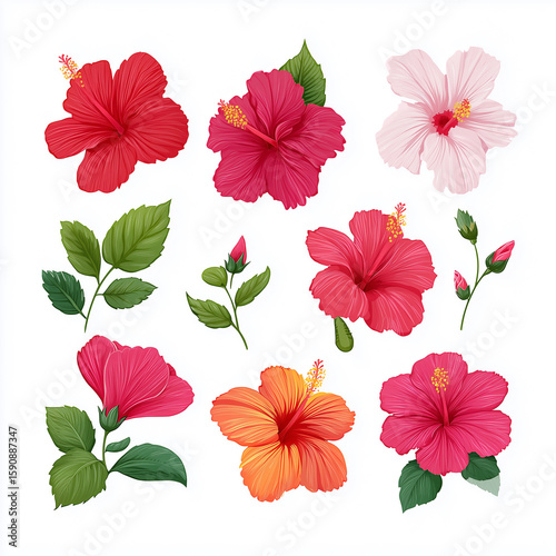 Colorful hibiscus flowers blooming with green leaves