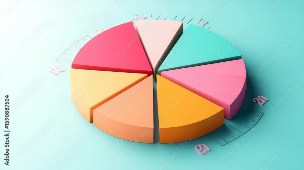 Captivating animation showcasing a colorful, segmented pie chart on a serene turquoise background,