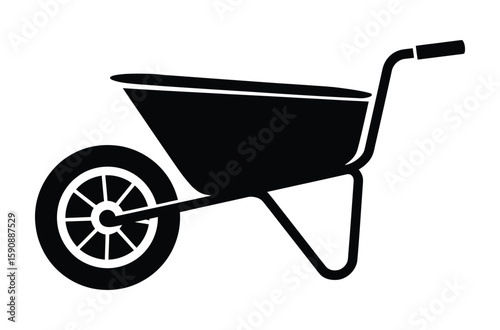 Black and White Wheelbarrow Silhouette, Gardening Construction Tool Vector