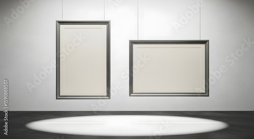 Two empty picture frames hang on a textured wall in a gallery with a spotlight on the floor