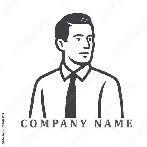 Minimalist black and white logo of a man wearing a formal shirt and tie, with clean lines and a professional, confident appearance.