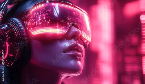 Futuristic VR goggles and headphones in a cyberpunk neon setting

