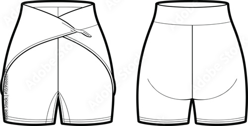 High waist wrap sports shorts technical flat sketch, fitness design template, vector fashion drawing for apparel, activewear, workout clothing