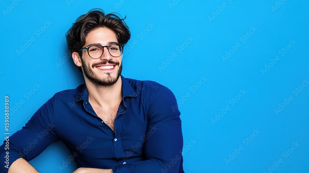 Fototapeta premium Smiling Man with Glasses Against Bright Blue Background