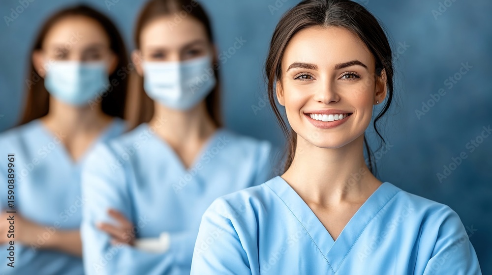 Fototapeta premium Smiling Healthcare Professionals in Scrubs with Focused Team Members