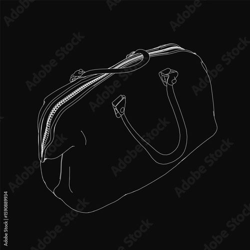 Black duffel bag with clean white contour lines stands out against a dark background. The minimalist drawing emphasizes shape and form. Simple yet striking monochrome illustration.