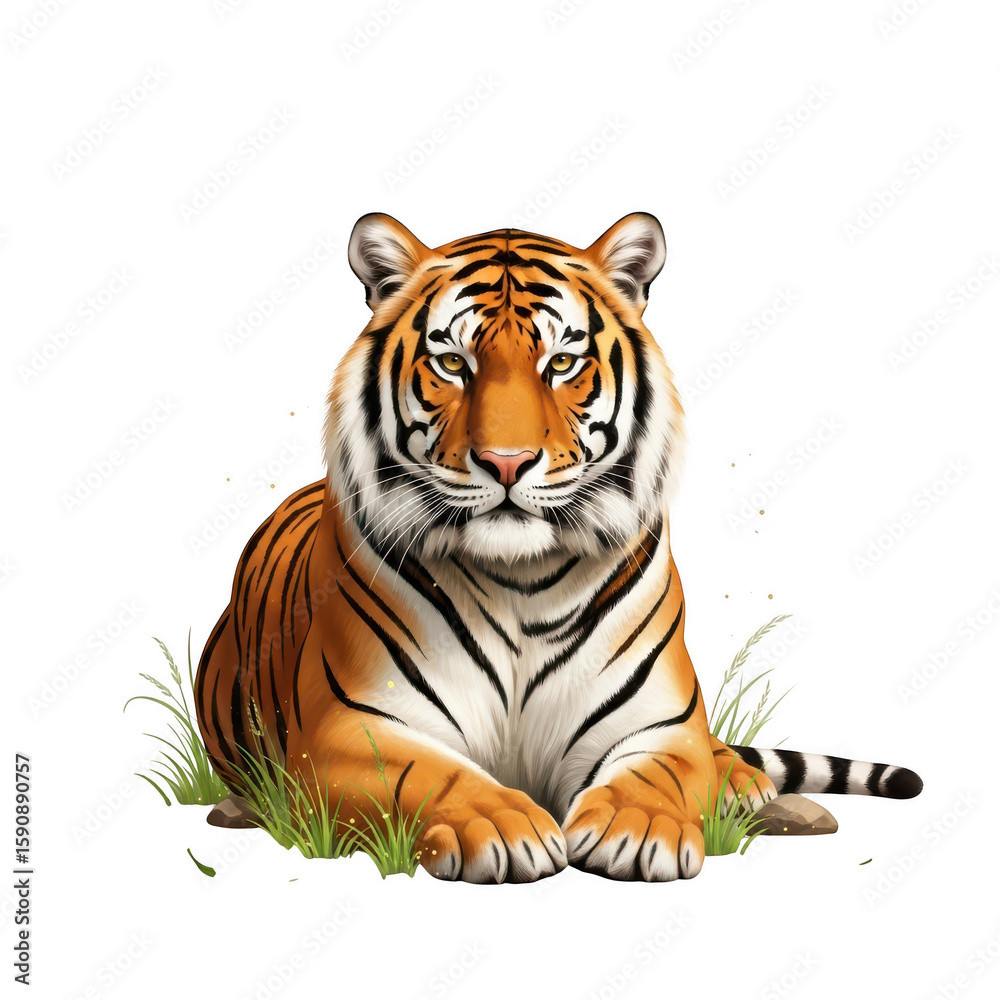 Obraz premium Regal Tiger Resting Gracefully Against a Striking Black Background