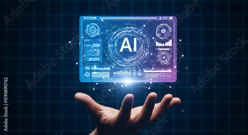 Hand holding a futuristic screen displaying ai technology with a blue and purple color scheme - ai generated