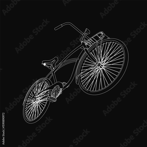A retro bicycle drawn in clean vector style with detailed frame, handlebars, and wheels. The stark black background contrasts sharply with the white contour lines.