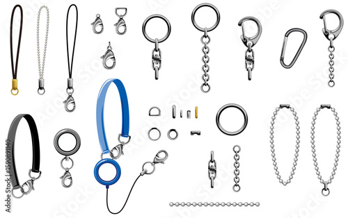 キーホルダー&ストラップパーツセット／金具、リール、松葉紐、ナスカンのベクターイラスト素材集シルバーベース(Keychain and Strap Parts Vector Set – Metal Clasps, Badge Reel, Lanyard Strap, Lobster Clasp (Silver Base)