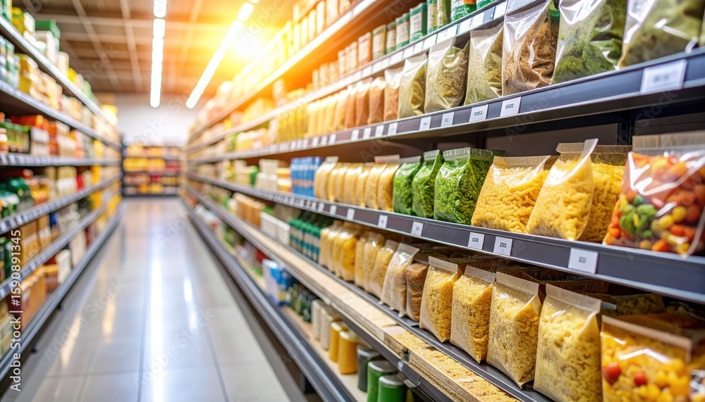 Fototapeta premium Colorful Array of Packaged Food Items on Grocery Store Shelf