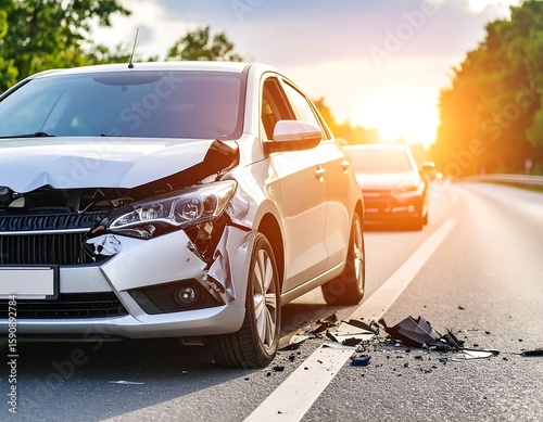 Damaged car on a highway at sunset
