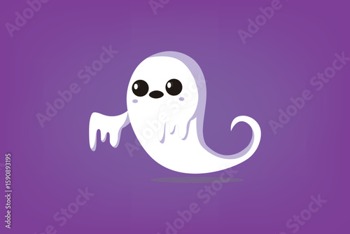 Adorable white ghost with big eyes on purple background. Friendly cartoon Halloween spirit.