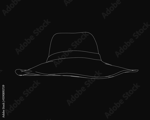 Black hat contour drawing stands out against a dark background with clean white outlines. The minimalist design focuses on shape without additional details.