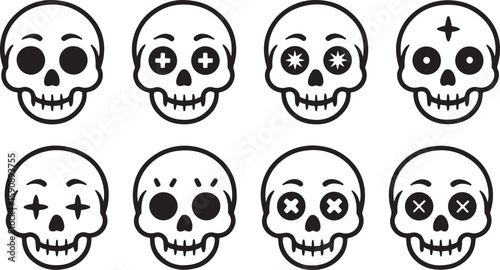 Eight stylized skull illustrations with varied eye designs