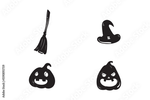 Silhouettes of a broomstick, witch hat, and cute pumpkins. Minimal Halloween element set.