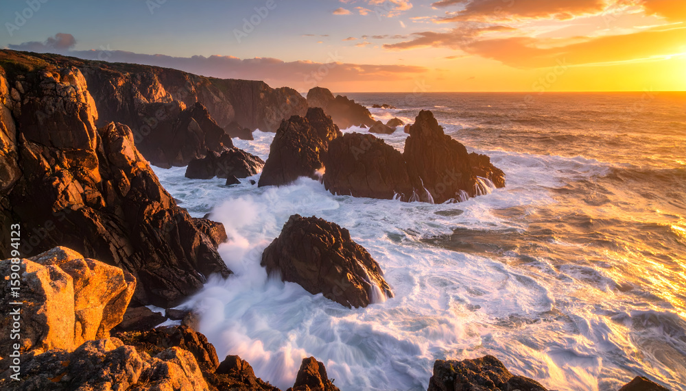 Obraz premium Dramatic Ocean Sunset with Waves Crashing on Rocky Coast