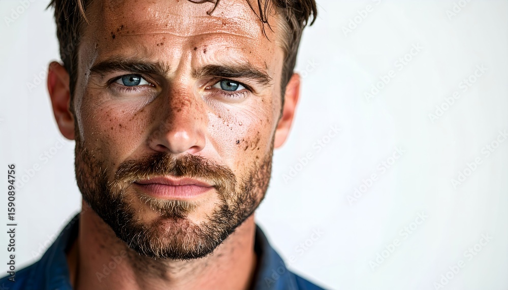 Fototapeta premium Portrait of a rugged man with dirt on his face, looking directly at the viewer.