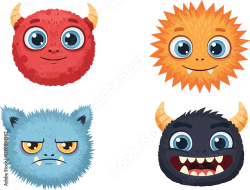 Cute cartoon monster faces, colorful fantasy heads, funny creatures illustration, round monsters, furry characters, vector clipart, kids Halloween design