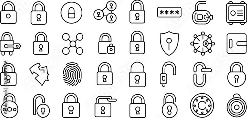 Collection of security and privacy icons featuring locks and shields silhouette