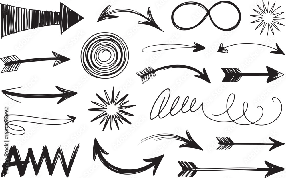 A collection of different hand drawn arrow symbols in black and white. Each arrow showcases unique shapes, styles, and directions, representing diverse choices.