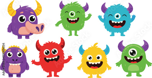 Cute cartoon monsters set, colorful funny creatures, one-eyed fantasy characters, kids illustration, playful monster collection, vector clipart, Halloween design