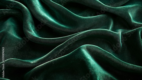 Close-up of flowing emerald green velvet fabric with rich texture and shimmering highlights, capturing luxurious textile folds and soft lighting for fashion, decor and fabric background themes
