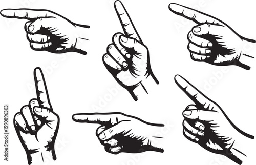 A series of hand gestures with the index finger pointing in different directions. The hand gestures, created in black and white, indicate an action or the pointing of something