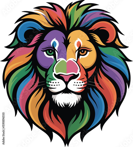 Rainbow lion head, colorful mane, vibrant colors
