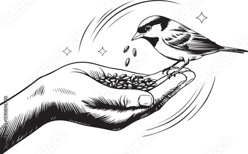 A kind hand offering food to a small bird, fostering a connection between human and nature