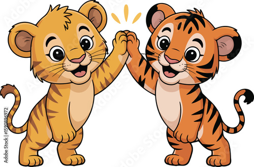 Two adorable tiger cubs giving a high five, celebrating their bond and friendship