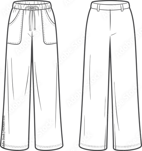 Flat fashion sketch of casual wide leg pants, drawstring joggers and belted trousers, front and back technical vector design