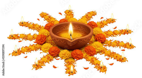 Traditional Diwali Diya with Marigold Flower Arrangement on a Black Background