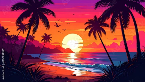cartoon illustration of tropical beach with palm trees at sunset